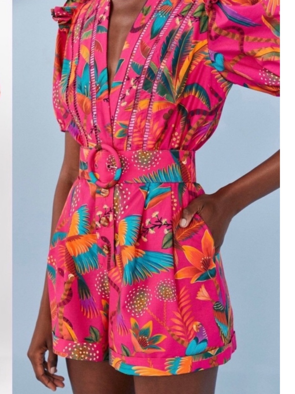NWT FARM Rio Macaw Party Pink Romper Size S